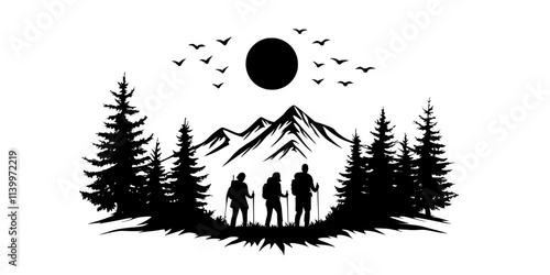 Travelers hiking through quiet woods during a retreat aimed at reconnecting with nature, Digital Art