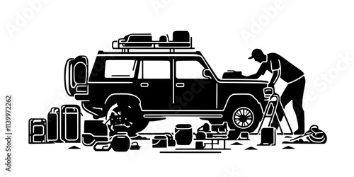 Two campers organizing their equipment around a car parked at a campsite, Digital Art