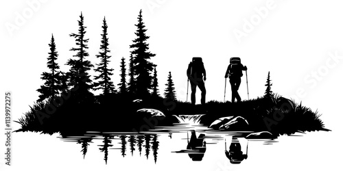 Two hikers navigating a dense forest while crossing a small creek, Digital Art