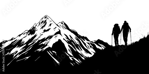 Two hikers ascending a steep trail toward a distant mountain peak, Digital Art