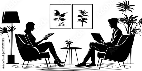 Two collectors exchanging stamps at a small meeting indoors, Digital Art