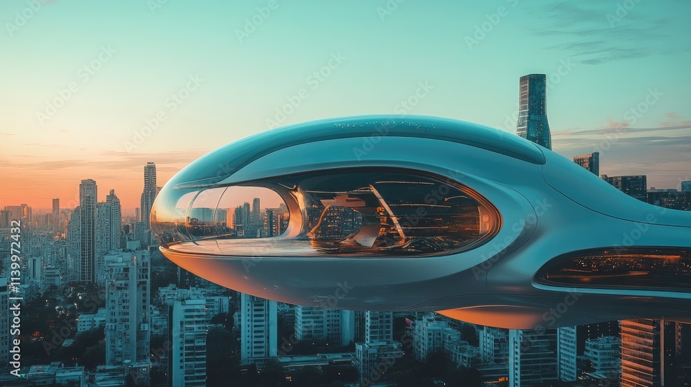 Futuristic Vehicle Soaring Above A City Skyline At Sunset Futuristic Vehicle Soaring Above A City Skyline At Sunset