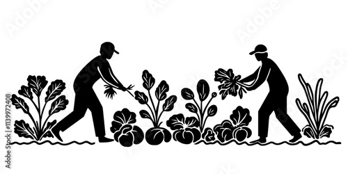 Two people pulling weeds from between rows of growing vegetables in a home garden, Digital Art