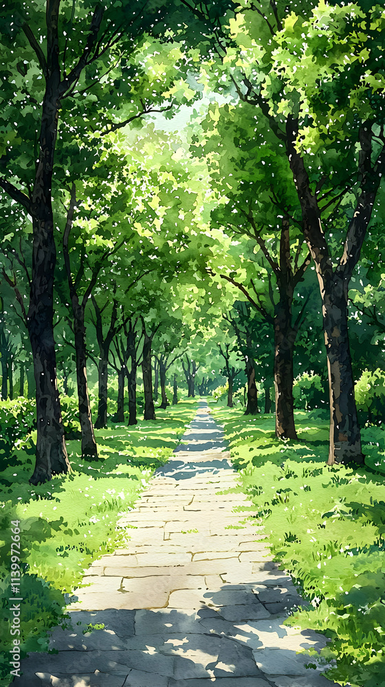 Sunlit Path Through Lush Green Trees, Tranquil Nature Walk Sunlit Path Through Lush Green Trees, Tranquil Nature Walk
