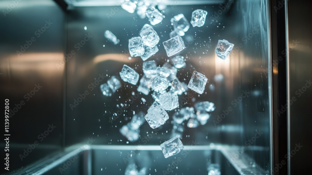 Freshly produced ice cubes tumbling into a stainless steel bin inside a high-efficiency ice machine. Freshly produced ice cubes tumbling into a stainless steel bin inside a high-efficiency ice machine.