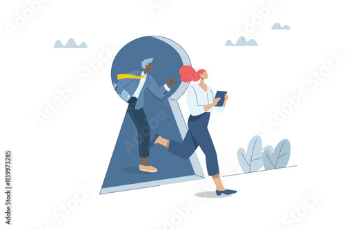 Unlocking the solution, Discovering key business opportunities, Business teams are running out of keyhole doors, Keys to Career and Business Potential, Flat vector design illustration.