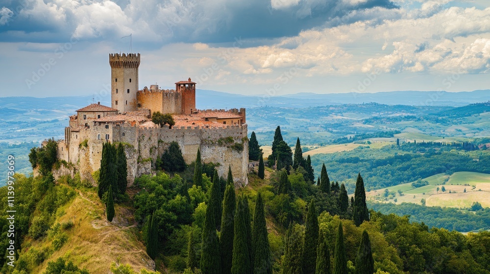 Majestic Castle on Hilltop Overlooking Serene Tuscan Landscape Majestic Castle on Hilltop Overlooking Serene Tuscan Landscape