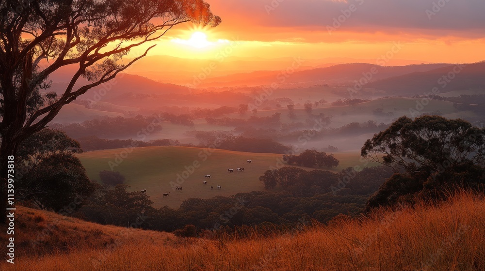 Naklejka premium Sunrise over misty valley, cattle grazing.