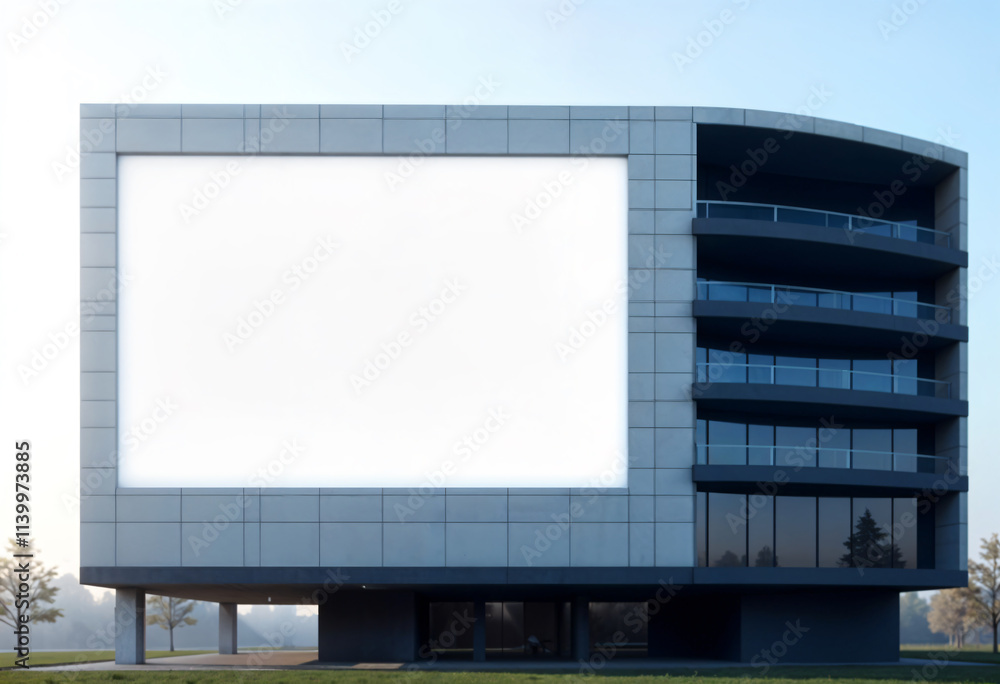 A mockup of a blank white billboard framed by a modern building facade under a clear blue sky A mockup of a blank white billboard framed by a modern building facade under a clear blue sky