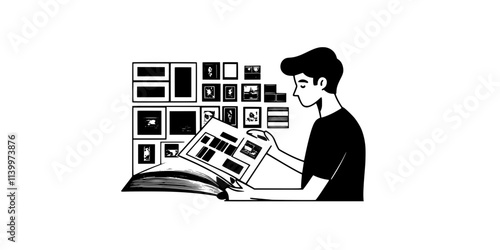 A collector flipping through an album of thematic stamps during a meeting, Vectorized Art