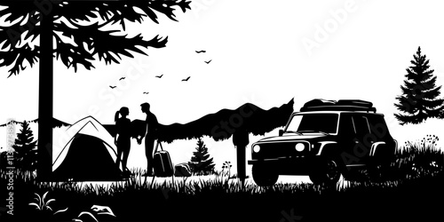 A couple unloading equipment from a car at a camping site near a field, Vectorized Art