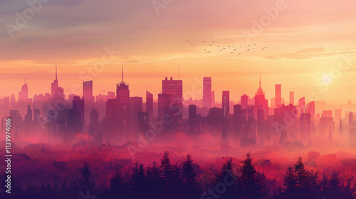 Urban skyline in autumn morning