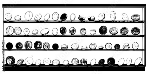 A display case showing rows of ancient coins from various cultures and empires, Vectorized Art
