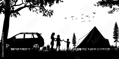 A family arranging camping supplies beside a parked car at a designated campsite, Vectorized Art