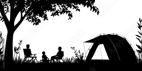 Family relaxing outside a spacious tent in a designated glamping zone, Vectorized Art