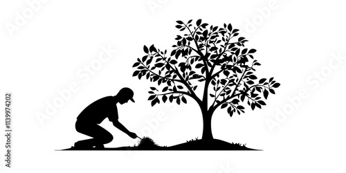 Gardener fertilizing the soil around the base of a mature fruit tree, Vectorized Art
