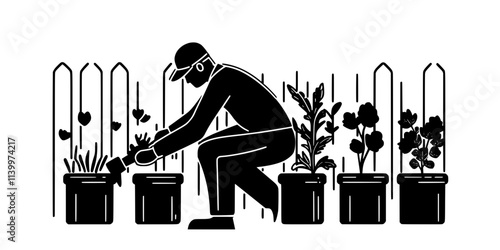 A gardener fertilizing the soil of a vertical garden installed on a backyard fence, Vectorized Art