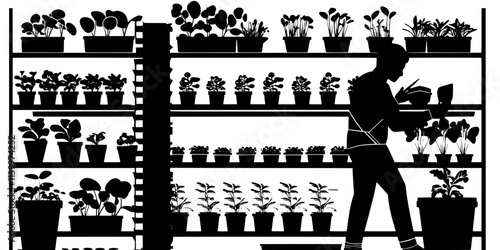 A gardener planting seedlings into containers in a large vertical garden structure, Vectorized Art