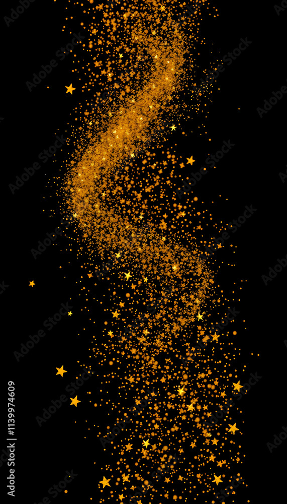 Fototapeta premium Golden sparks, gold powder, dust, magic Christmas and New Year glittering stars swirl on black background, backdrop with flying sparkling gold, holiday magic glowing lights. Abstract blinking glitte