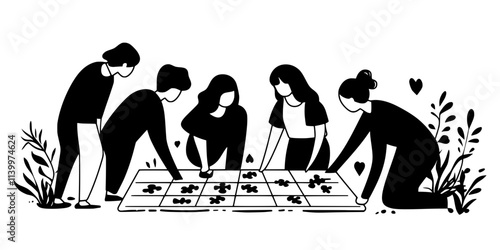 A group of people collaborating to complete game objectives by moving pieces across the board, Vectorized Art