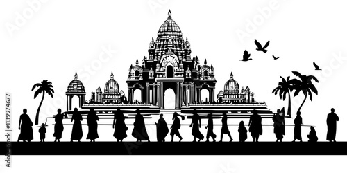 Group of pilgrims entering a large temple after a long journey for worship, Vectorized Art