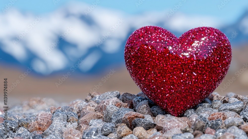 Fototapeta premium Sparkling Red Heart on Rocks Romantic Nature Scene Valentine s Day