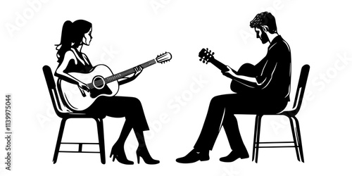 A guitarist participating in a workshop, learning advanced techniques from an instructor, Vectorized Art