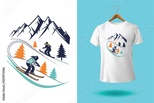 Ski winter sport vintage typography t shirt design with glasses and skier silhouette