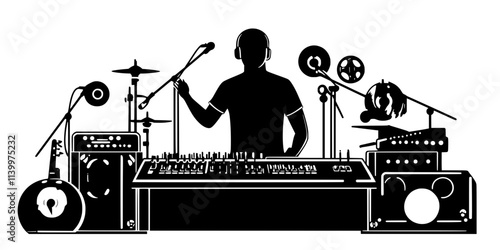 Musician adjusting gain levels to maintain instrument balance during playback, Vectorized Art