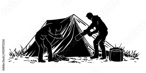 A pair of campers organizing gear inside a tent on a flat, open area, Vectorized Art