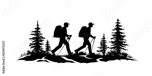 Pair of hikers navigating a forested trail wearing sturdy hiking shoes, Vectorized Art