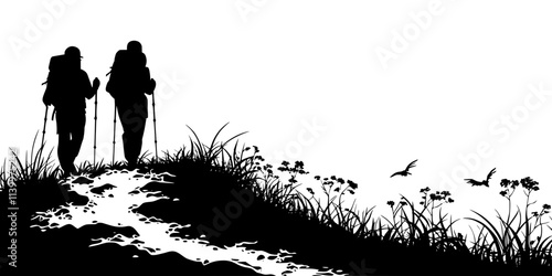 Pair of hikers navigating a forested trail wearing sturdy hiking shoes, Vectorized Art