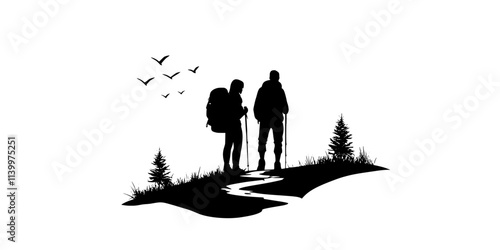 Pair of hikers navigating a forested trail wearing sturdy hiking shoes, Vectorized Art