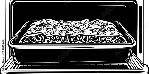 A pan of enchiladas baking in an oven with sauce and cheese, Vectorized Art