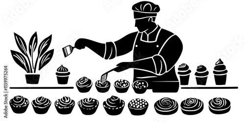 Pastry chef glazing pastries with a brush before placing them in the oven, Vectorized Art
