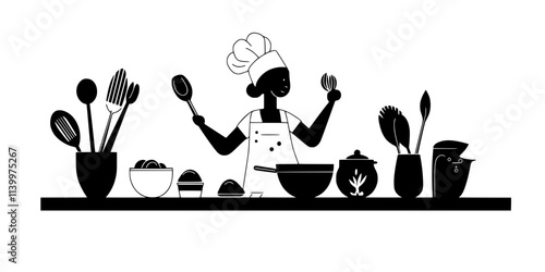 Pastry chef assembling ingredients on a countertop beside various utensils, Vectorized Art