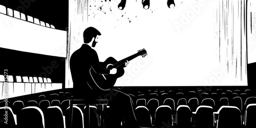A performer playing a classical guitar during a recital in a university auditorium, Vectorized Art