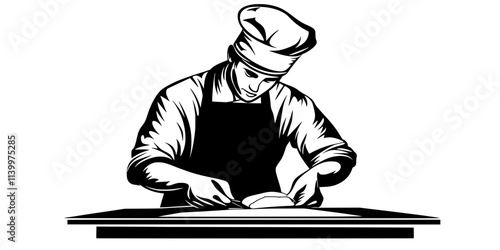 Pastry chef folding dough around filling on a well-lit workspace, Vectorized Art