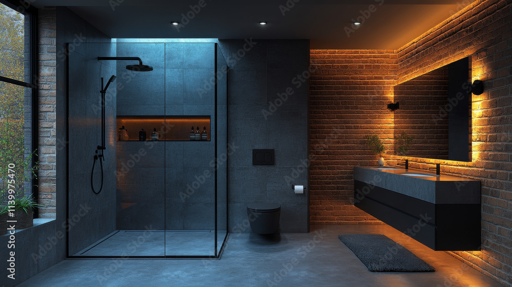 Industrial Bathroom with Exposed Brick Walls, Steel Pipes, Concrete Floor, and Matte Black Fixtures
Industrial Bathroom with Exposed Brick Walls, Steel Pipes, Concrete Floor, and Matte Black Fixtures