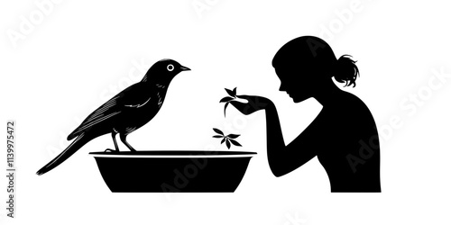 A person bathing a bird, gently applying water to maintain hygiene and health, Vectorized Art