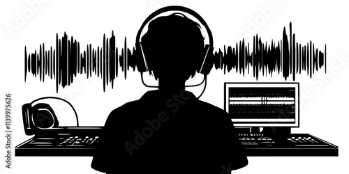 A person concentrating on foreign language audio clips during practice, Vectorized Art