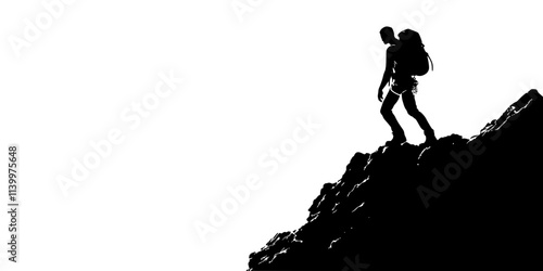 Person climbing a steep mountain trail with rocks and uneven terrain, Vectorized Art