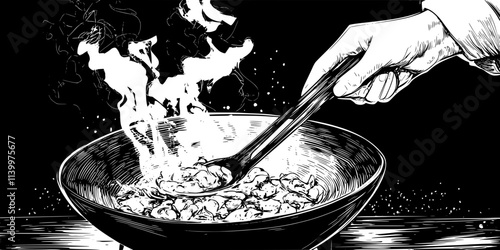 A person cooking food in a wok over high heat for stir-frying, Vectorized Art