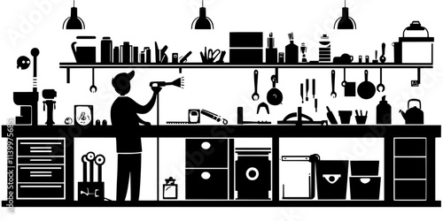 Person cleaning a rusty vintage tool at a workbench inside a garage, Vectorized Art