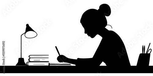 Person completing grammar drills for a language class assignment, filling out workbook, Vectorized Art