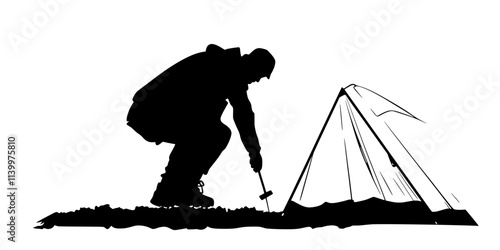 A person hammering stakes into the ground while setting up a tent, Vectorized Art
