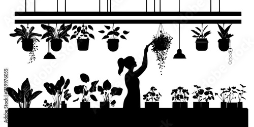 Person installing lights above a hydroponic garden in an indoor growing area, Vectorized Art