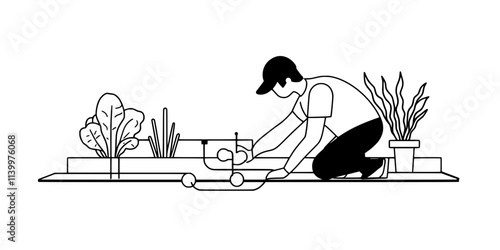 Person installing irrigation lines in a xeriscaped garden in a suburban area, Vectorized Art