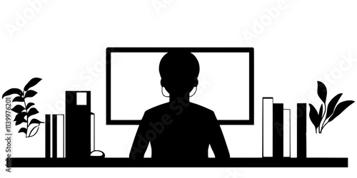 A person participating in a virtual language course through their computer, Vectorized Art
