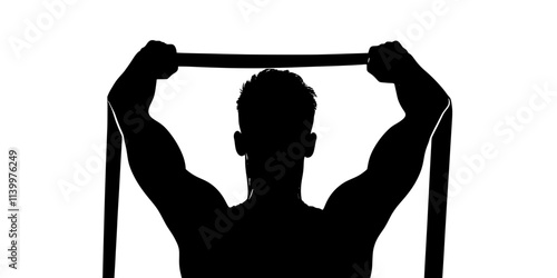 A person performing tricep extensions with a resistance band, pulling upward behind their head, Vectorized Art